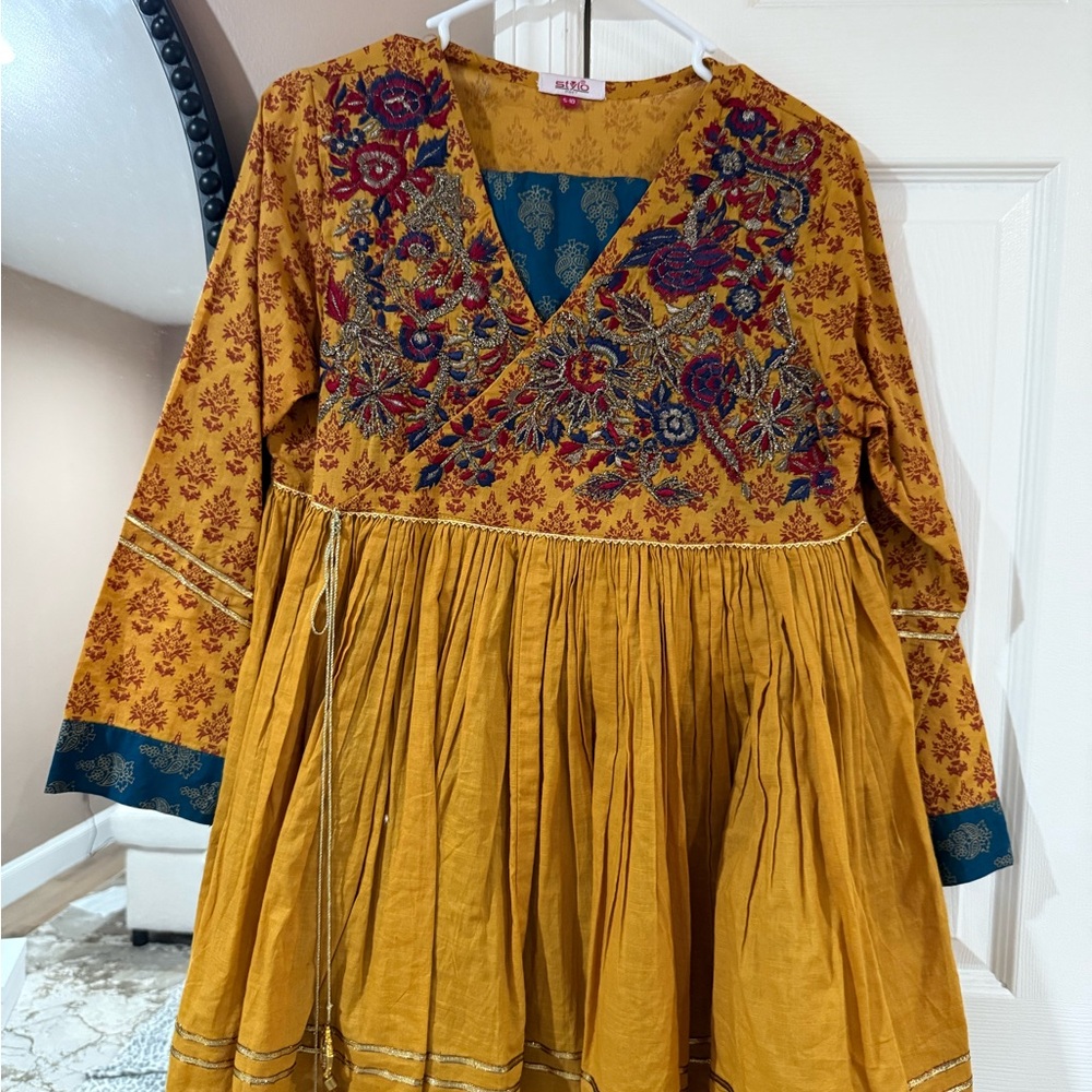 Embroidered Mustard and Blue Dress